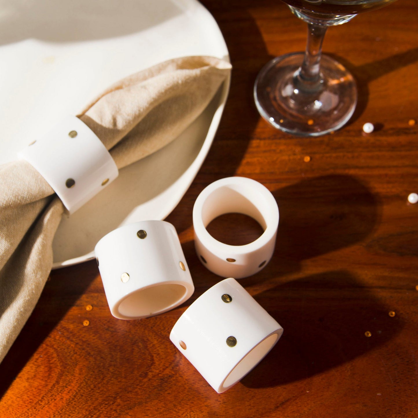 Sitara Napkin Ring Set of 4, White Brass Inlay